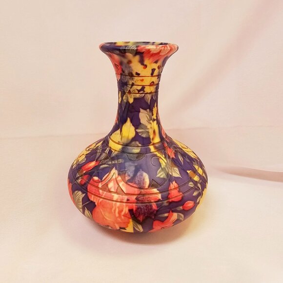 Redware Floral Vase, Hydrographic Film Hydro Dip Pottery, Matte Finish - Picture 2 of 6